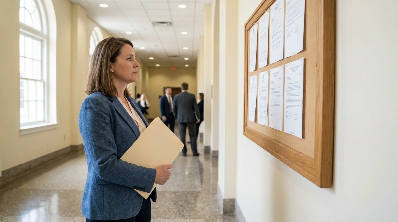 woman holding legal folder reviewing posted documents on courthouse bulletin board