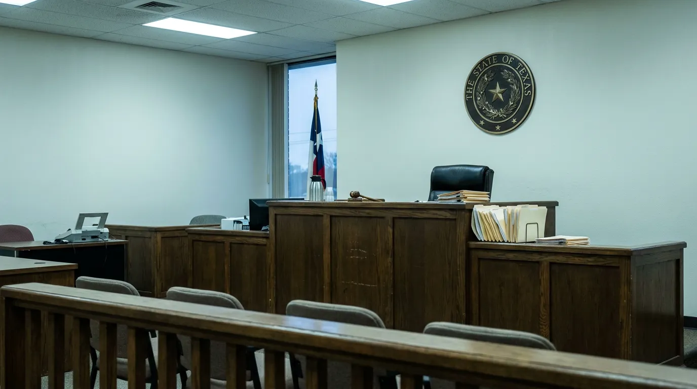 Texas Family Court Courtroom Father 50/50 Custody Texas state seal mounted above judge's bench with gavel and case files