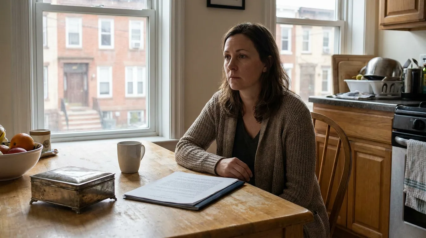 Brooklyn Woman Reviewing Postnuptial Agreement to Protect Inheritance woman sitting at kitchen table with printed legal documents and coffee mug