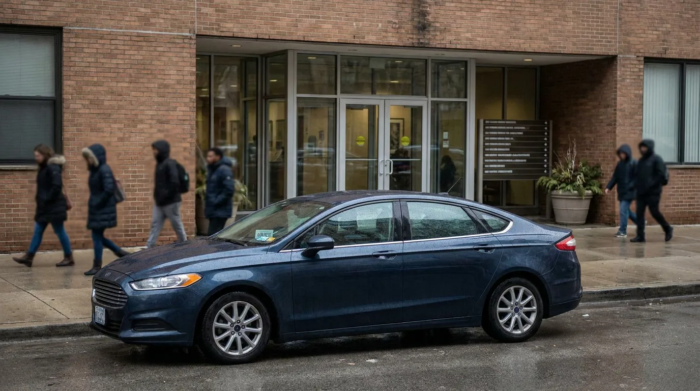 Ford Fusion sedan parked on urban street outside brick building entrance with pedestrians