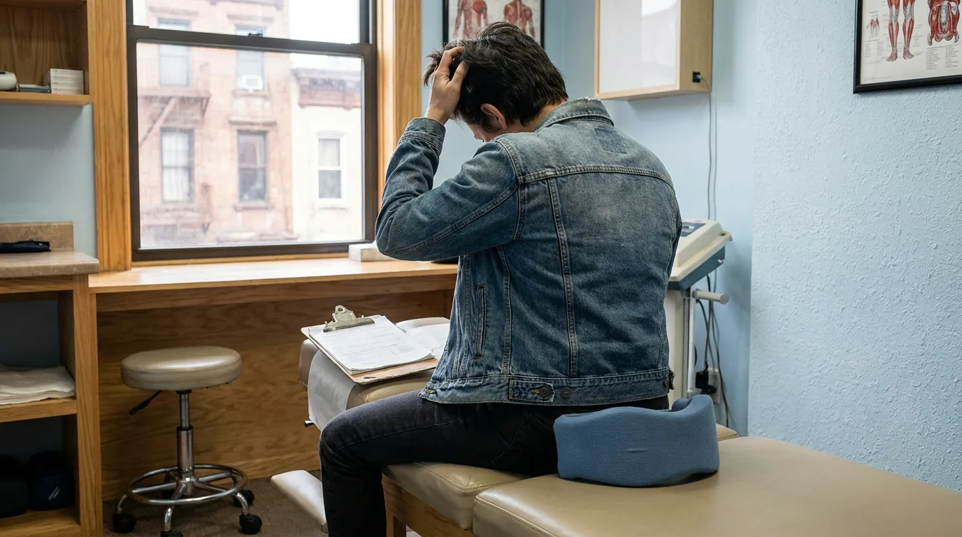 Stressed Man at Brooklyn Doctor After Car Accident distressed person sitting on medical exam table holding head in hands