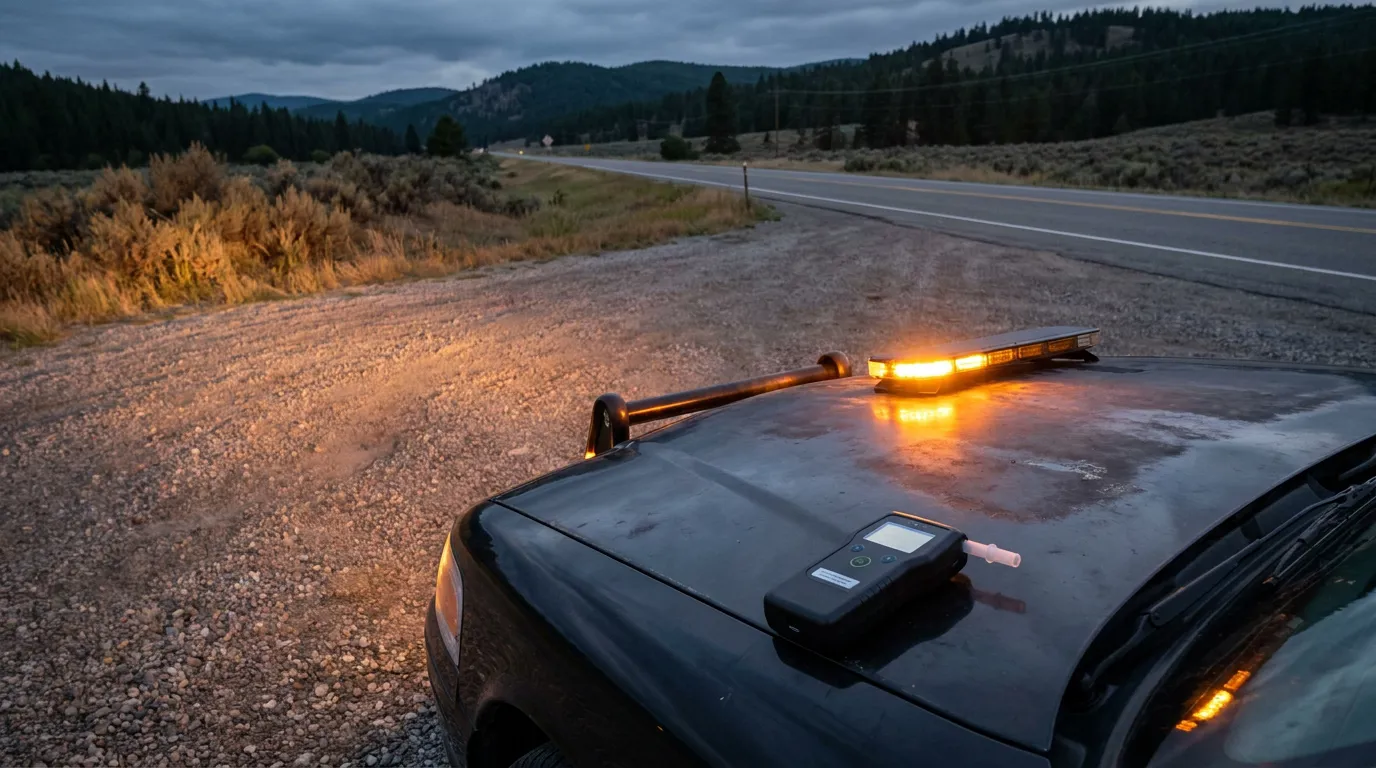 police vehicle with flashing lights and breathalyzer device on rural roadside
