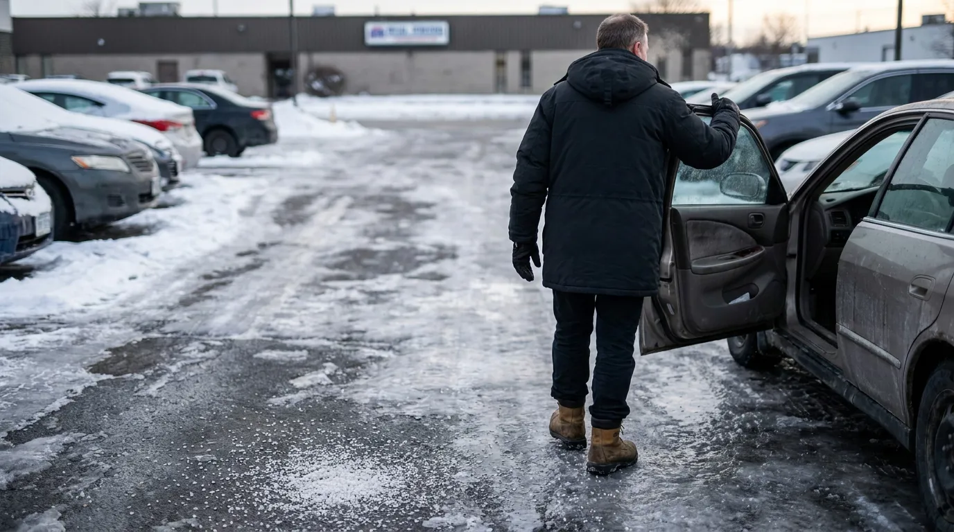 Man Walking on Icy New York Parking Lot in Winter person in winter jacket opening car door on icy parking lot surface