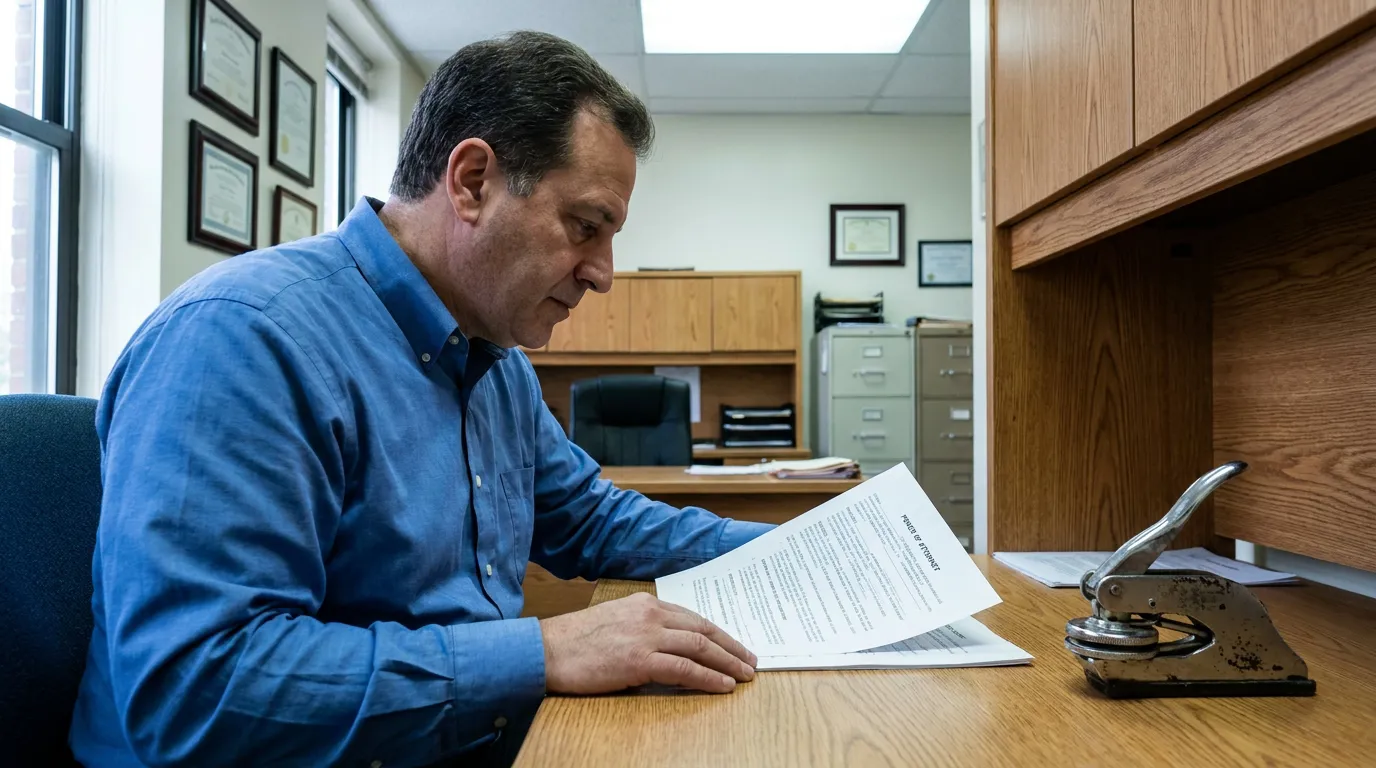 New York Attorney Reviewing Power of Attorney Document attorney reviewing Power of Attorney document at desk with notary embosser