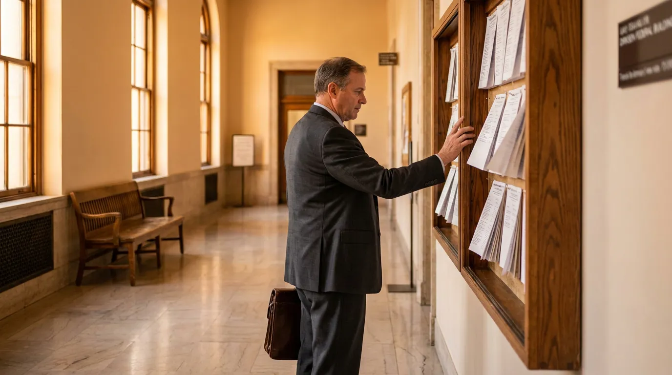 Federal Defense Lawyer Reviewing Case Documents Chicago Courthouse suited attorney with briefcase reviewing posted documents on courthouse hallway bulletin board