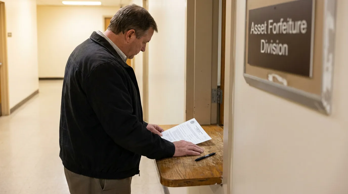 Man Filing Asset Forfeiture Documents Chicago Illinois man reviewing legal documents at Asset Forfeiture Division office window