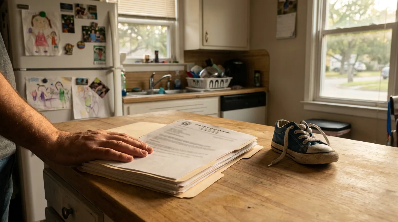 Texas Parent Reviewing CPS Case Documents to Regain Custody adult hand resting on child welfare legal documents beside small sneaker on kitchen counter