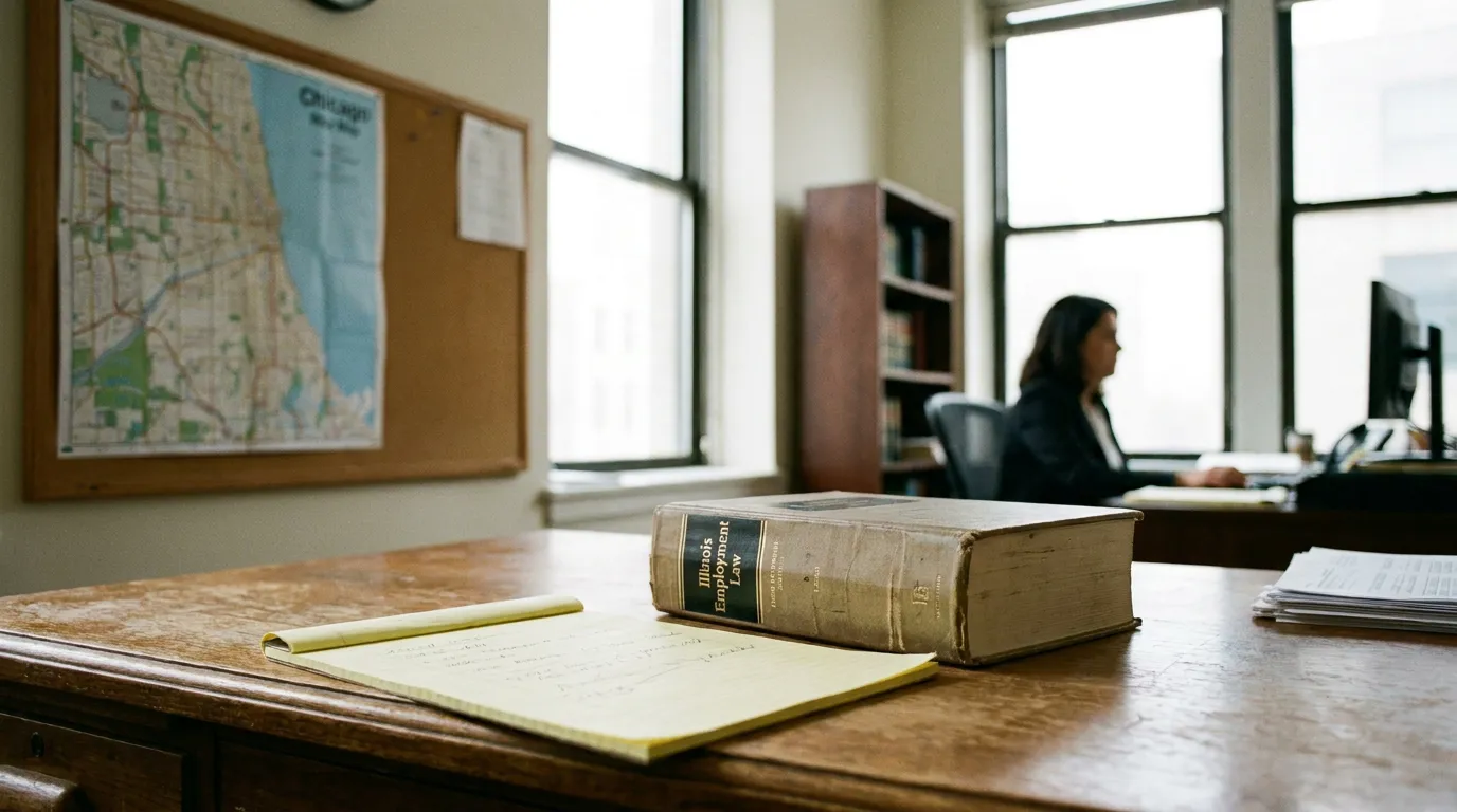 Illinois Employment Law book and legal notepad on Chicago law office desk