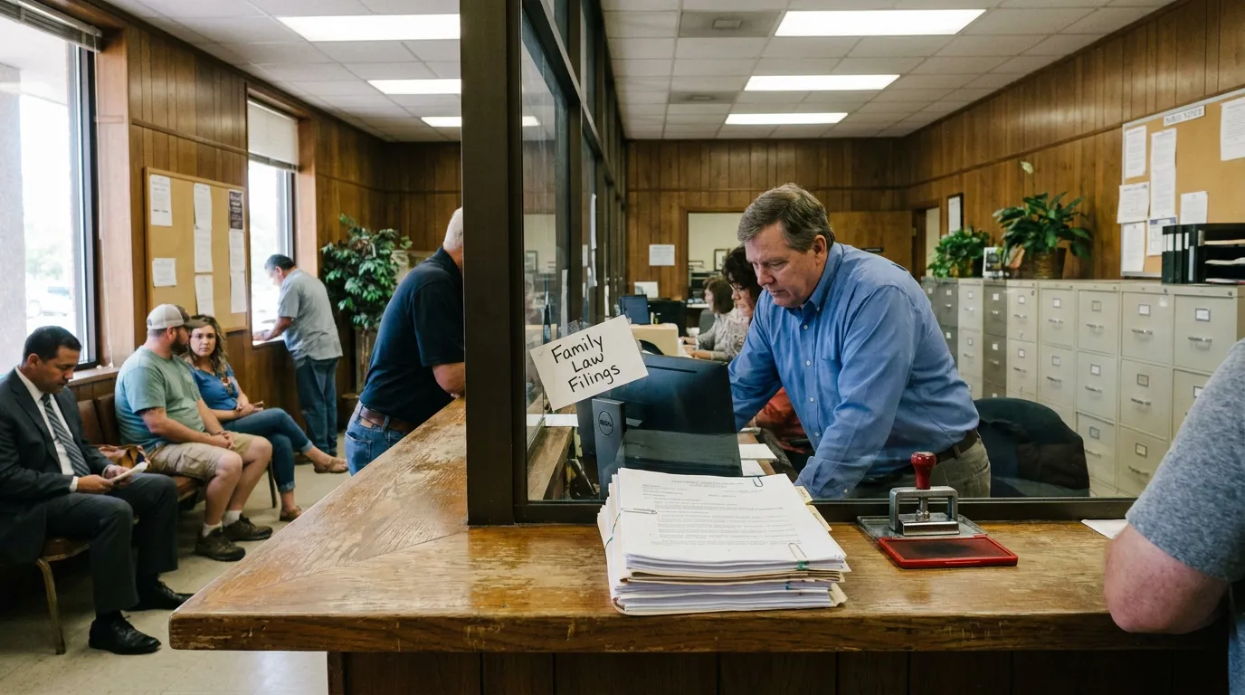 Texas Family Law Filings Courthouse Clerk Desk Family Law Filings counter with stacked documents and official stamp at courthouse