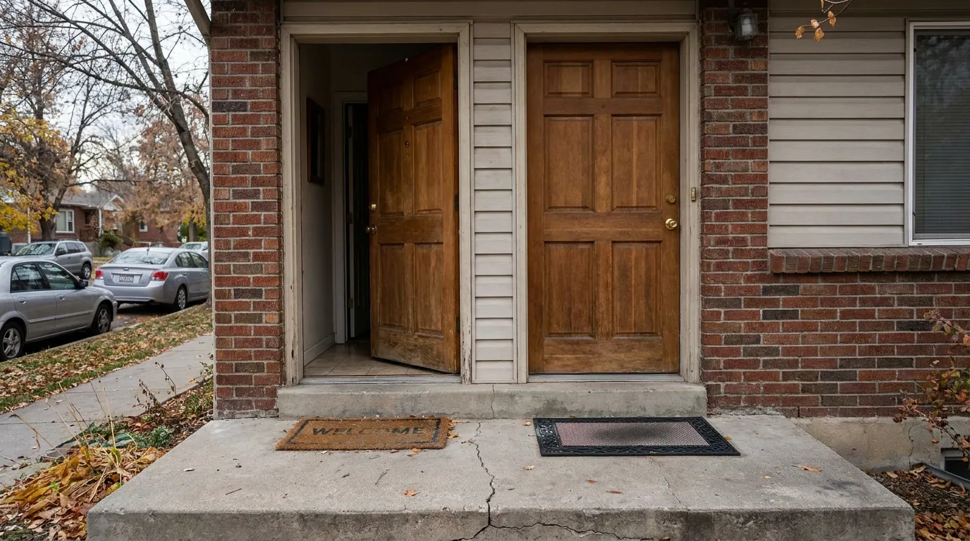 Salt Lake City Shared Home Cohabitant Domestic Violence Law brick duplex entrance with open wooden door and Welcome mat on cracked concrete porch