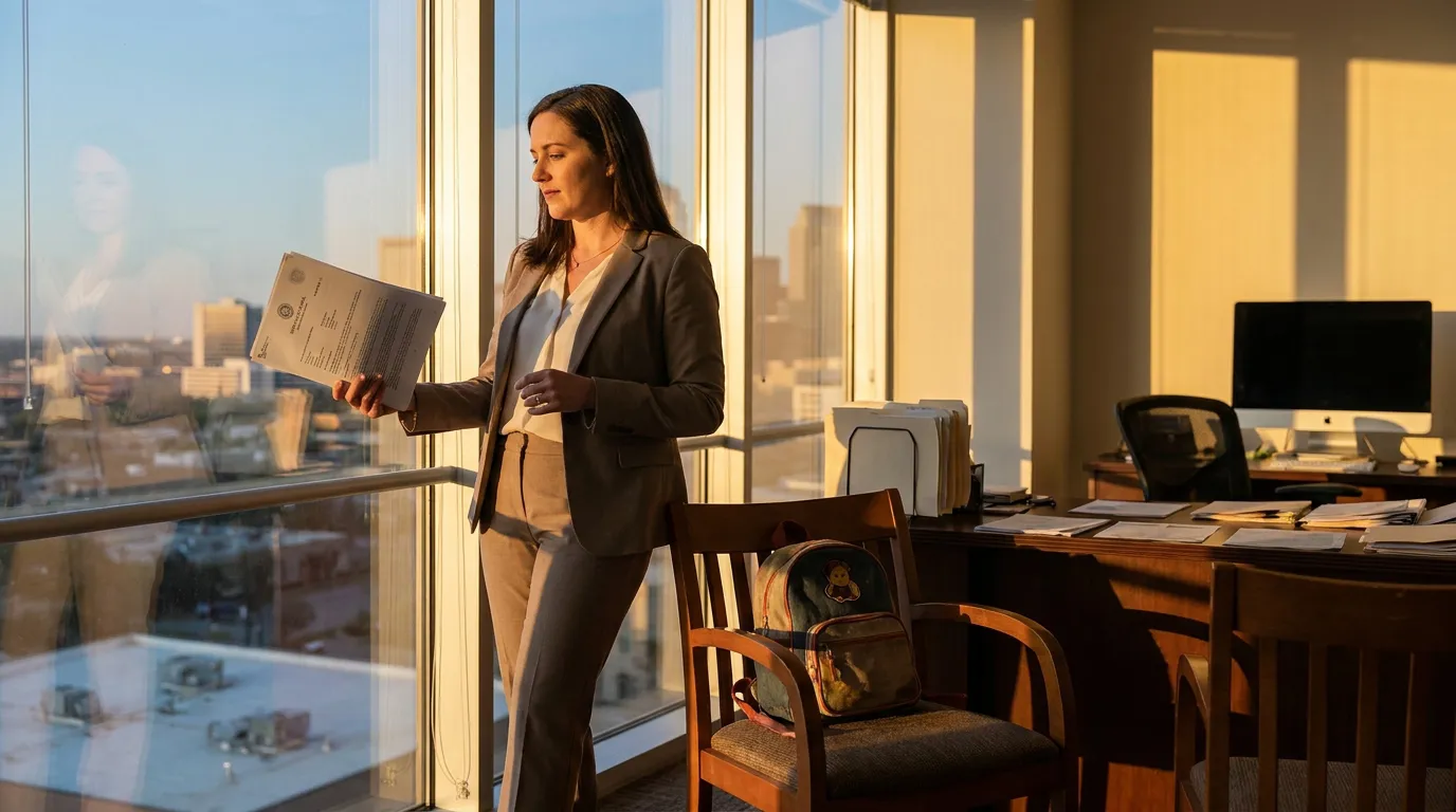 Texas Child Support Attorney Reviewing Legal Documents in Office female attorney standing in high-rise office reviewing official legal document