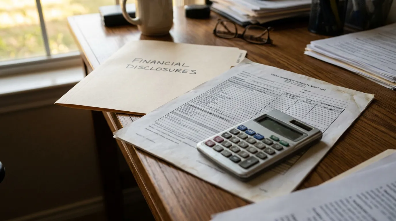 Texas Divorce Financial Disclosure Documents and Calculator Financial Disclosures folder and Texas Community Property Asset List with calculator on desk