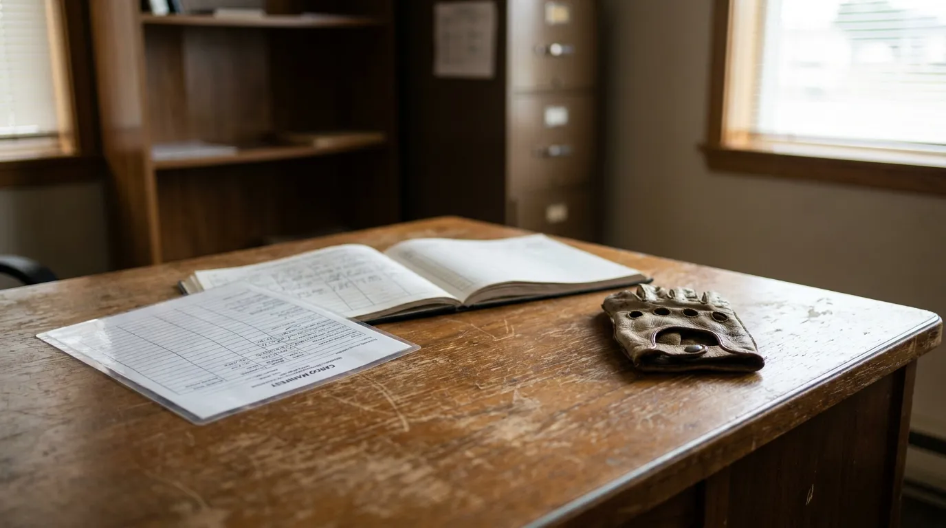 cargo manifest form and open notebook with leather glove on wooden desk