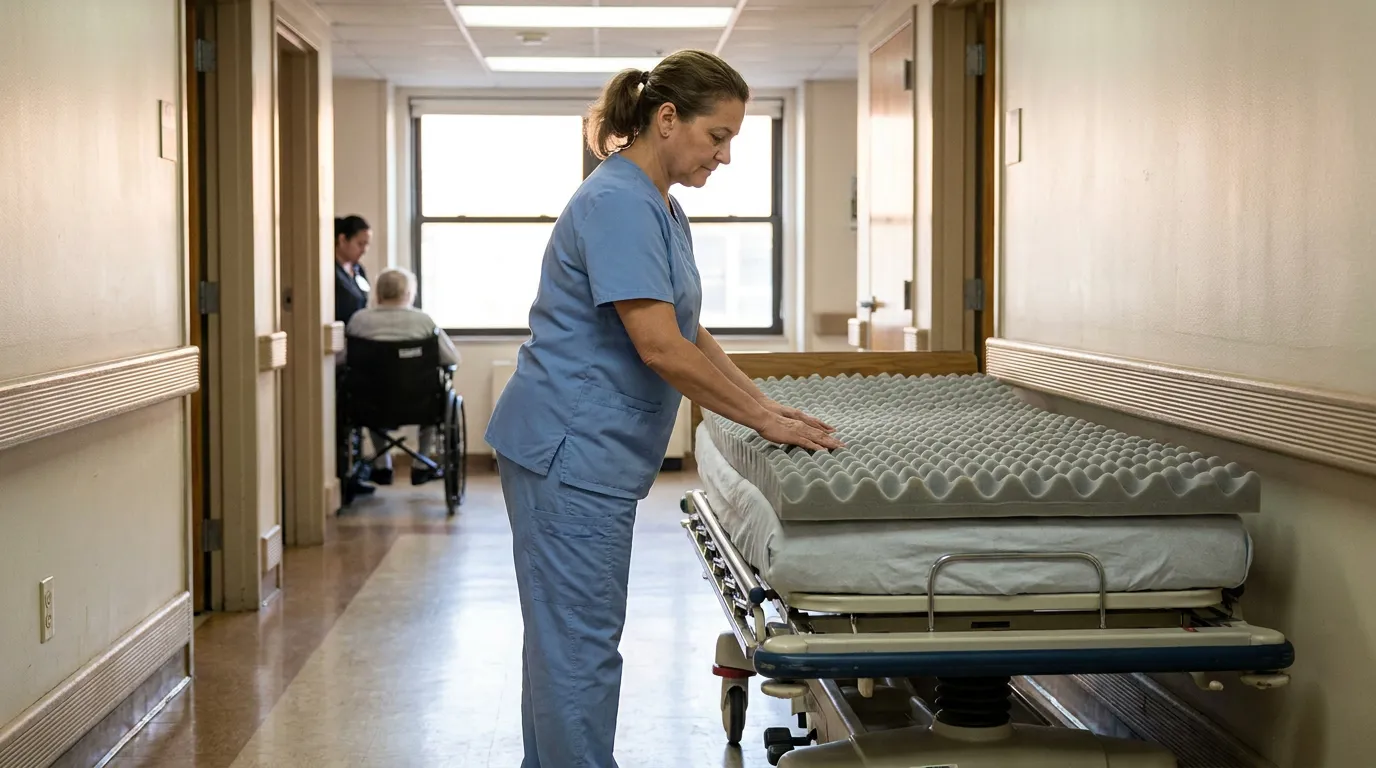 New York Nursing Home Nurse Checking Pressure Ulcer Prevention Mattress nurse in scrubs adjusting foam mattress on hospital bed in nursing home hallway