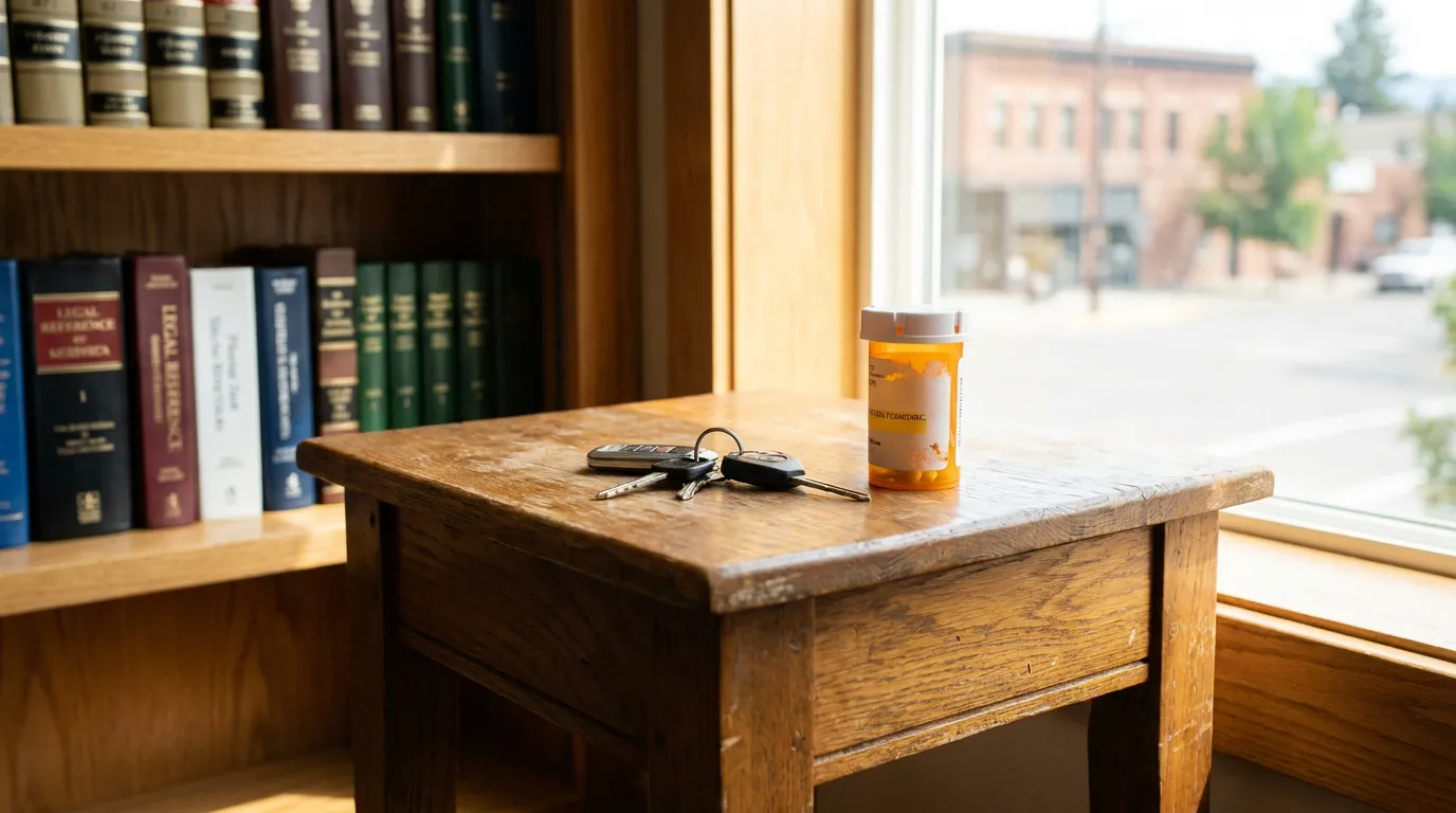 Missoula DUI Attorney Desk With Car Keys and Prescription Bottle car keys and prescription pill bottle on wooden desk beside law library bookshelf