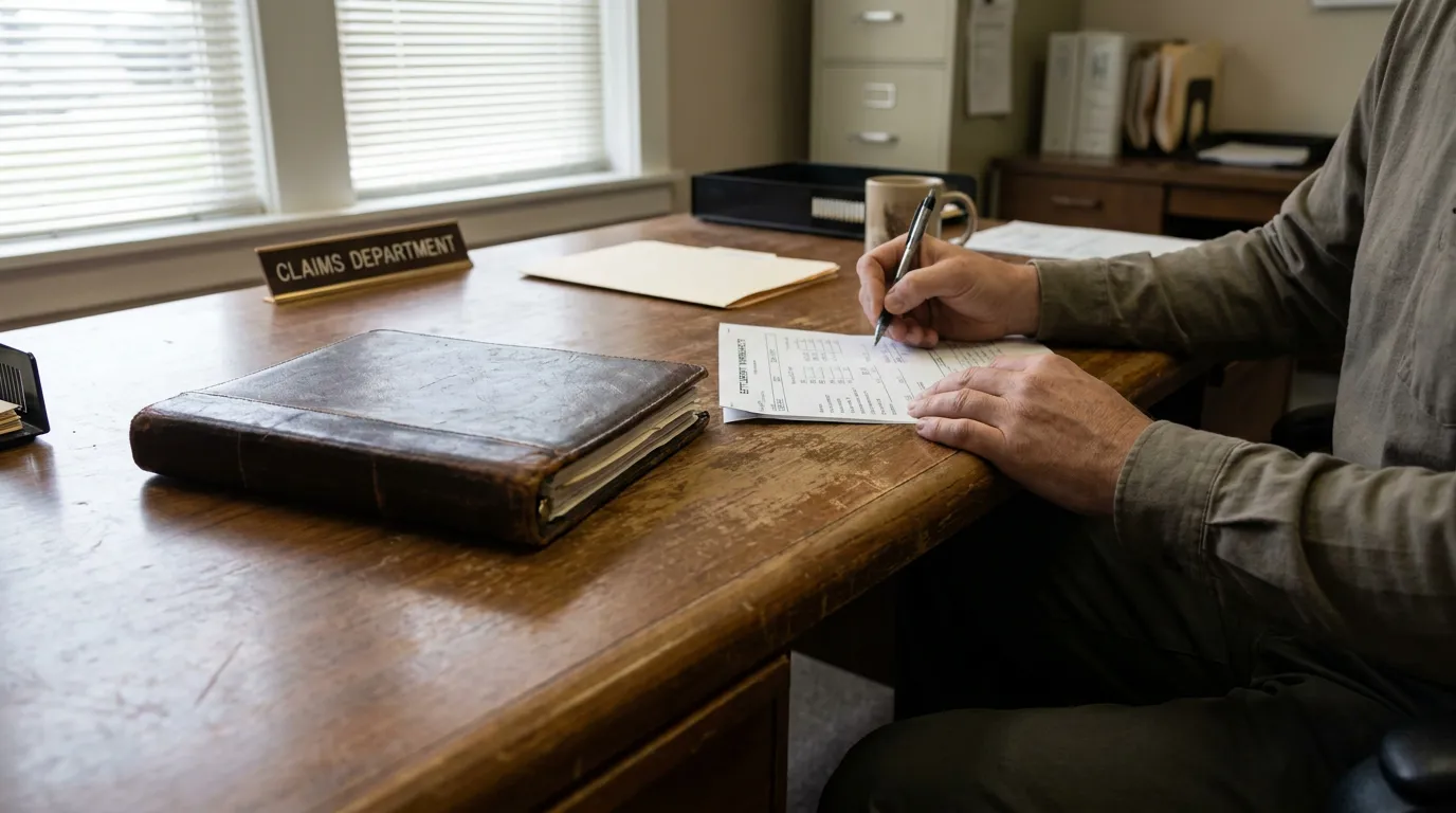 Madison WI Insurance Claims Department Settlement Form person signing form at Claims Department desk with leather binder