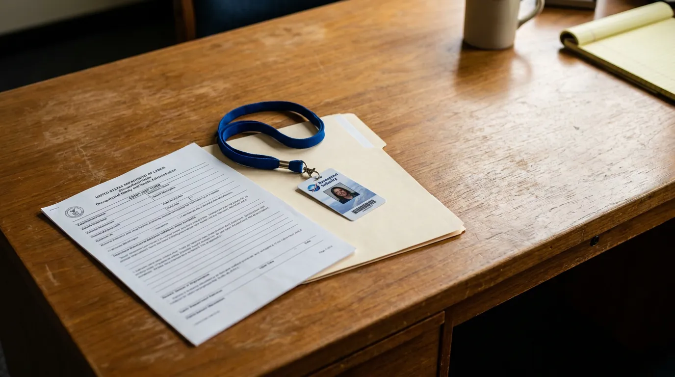 Aerospace Worker OSHA Complaint File and Badge Torrance OSHA complaint form and employee ID badge on wooden desk with folder