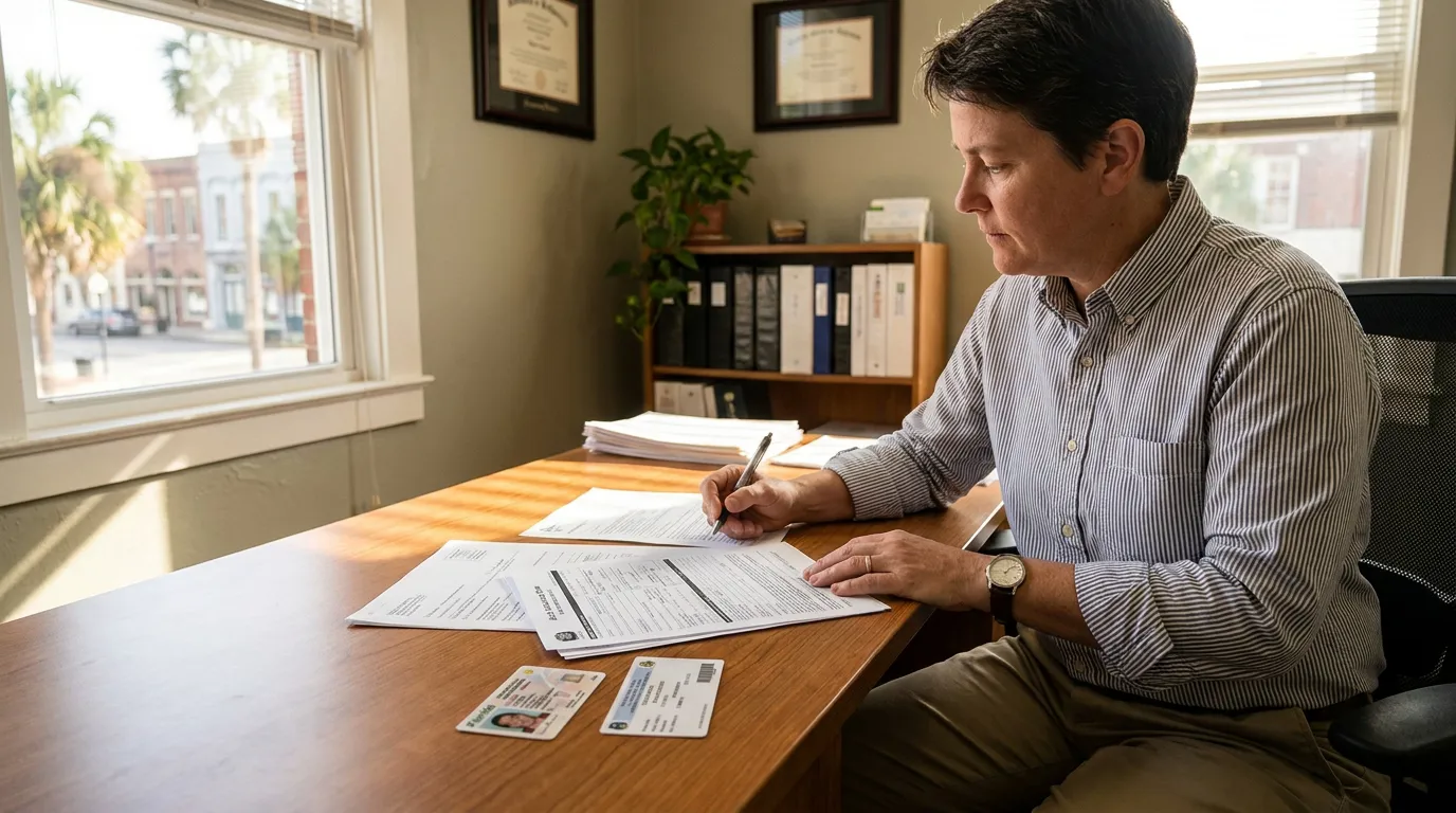 Filing Motor Vehicle Accident Claim Pensacola Florida Attorney Office professional signing legal documents at desk with framed diplomas and ID cards visible