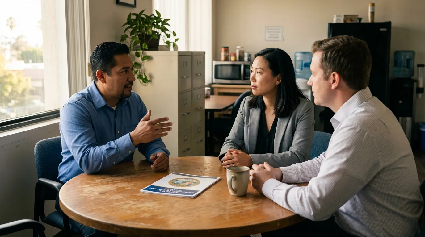 Los Angeles Workplace Discrimination Attorney Client Consultation three professionals meeting at round table with official document and coffee mug