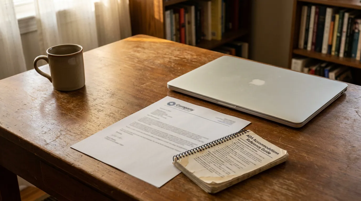 Remote Work ADA Accommodation Denial Redondo Beach Disability Rights ADA Accommodations Reference Guide spiral notebook beside company document and laptop on wooden desk