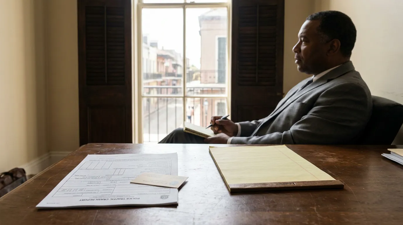 New Orleans Car Accident Attorney Reviewing Police Crash Report suited attorney seated at desk with police traffic crash report and legal pad