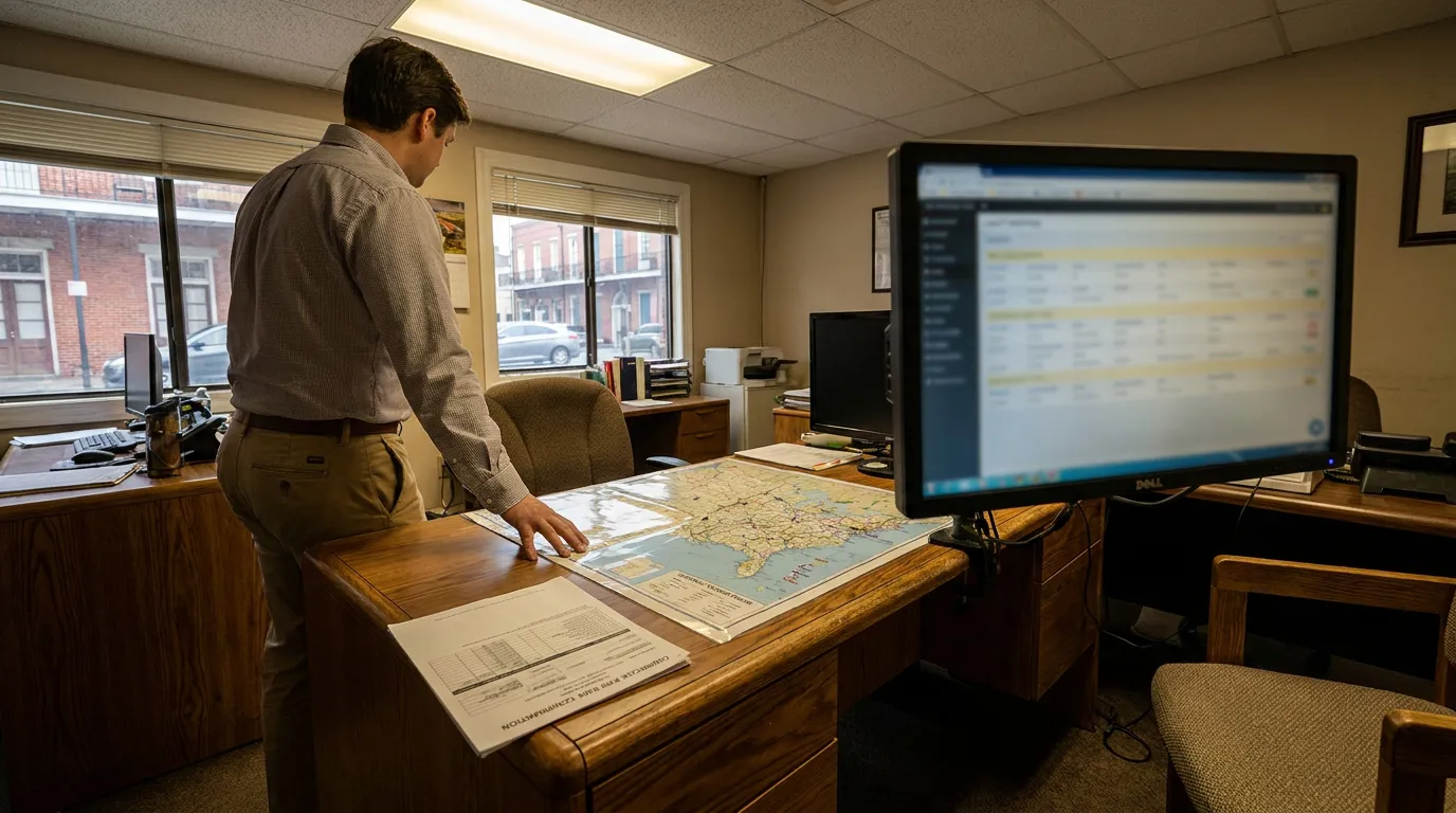 attorney standing at desk reviewing large geographic map and printed documents