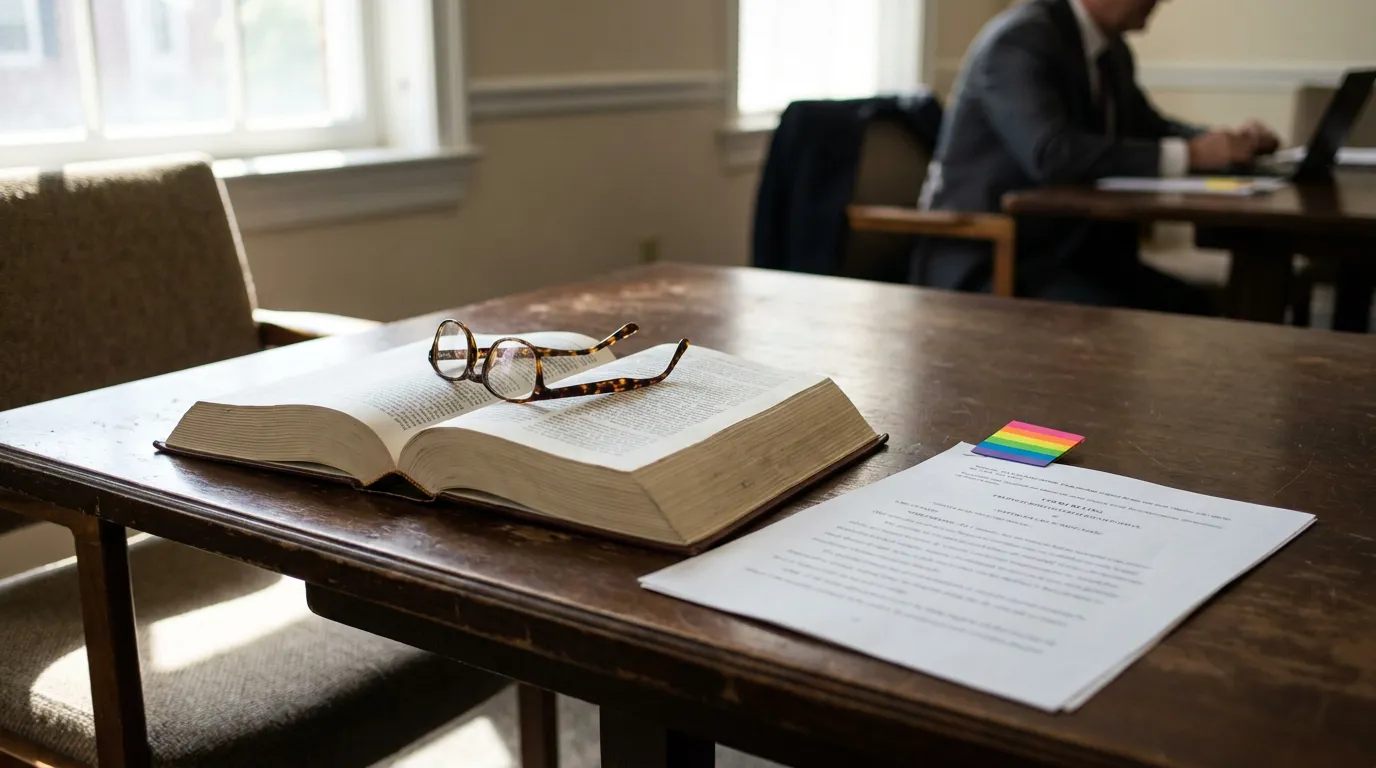 California LGBTQ Harassment Attorney Reviewing Court Ruling open legal book with eyeglasses and printed document on wooden table
