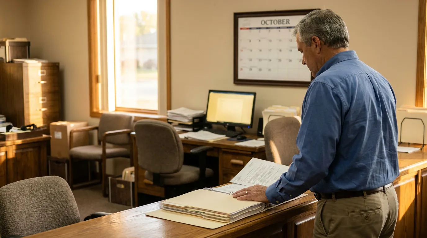 Nebraska Insurance Adjuster Reviewing Auto Claim Files man standing at desk reviewing documents in legal office with October calendar