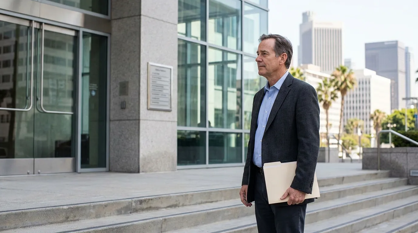 Older Professional Outside Los Angeles Courthouse Age Discrimination Claim suited male attorney holding legal folder standing outside courthouse steps