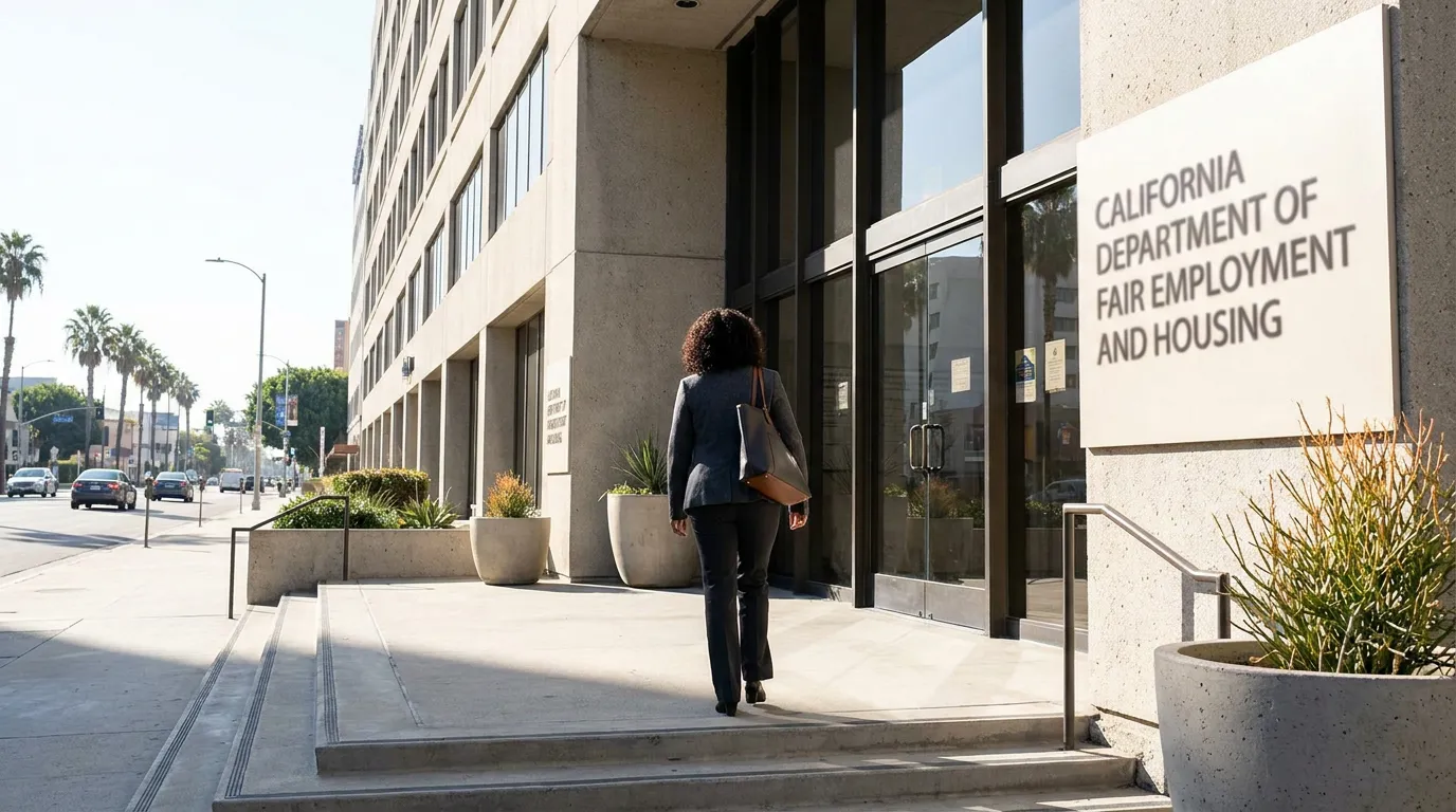 Woman Entering California Department of Fair Employment and Housing professional woman in suit entering California Department of Fair Employment and Housing building