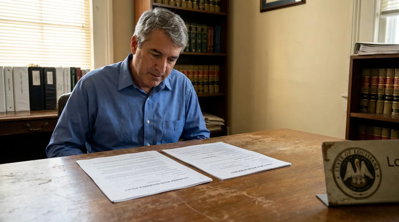 New Orleans Car Accident Attorney Reviewing Louisiana Auto Insurance Policy attorney reviewing Louisiana auto insurance policy documents at law office desk