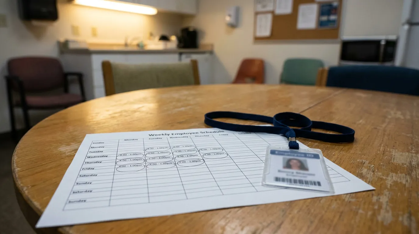 Los Angeles Employee Schedule Reduced Hours Workplace Retaliation Weekly Employee Schedule document and Employee ID badge on workplace break room table