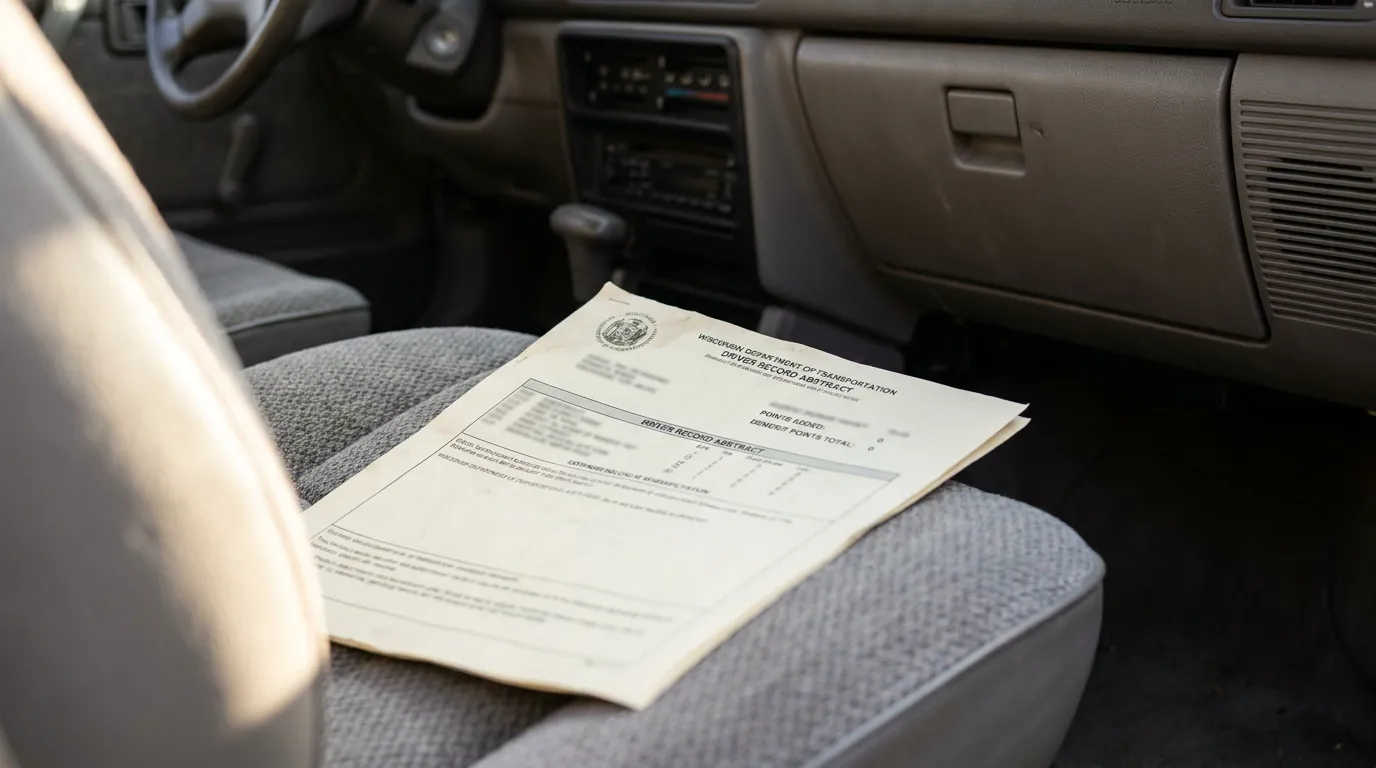 Wisconsin Driving Record Abstract Showing Demerit Points Madison WI Wisconsin Department of Transportation Driver Record Abstract document resting on vehicle passenger seat