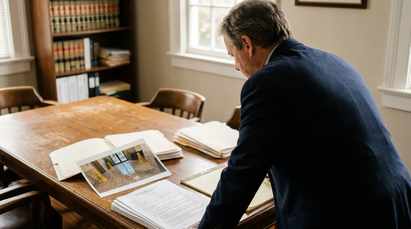 New Orleans Premises Liability Attorney Reviewing Slip and Fall Evidence attorney reviewing slip and fall accident photo and case documents at law office table