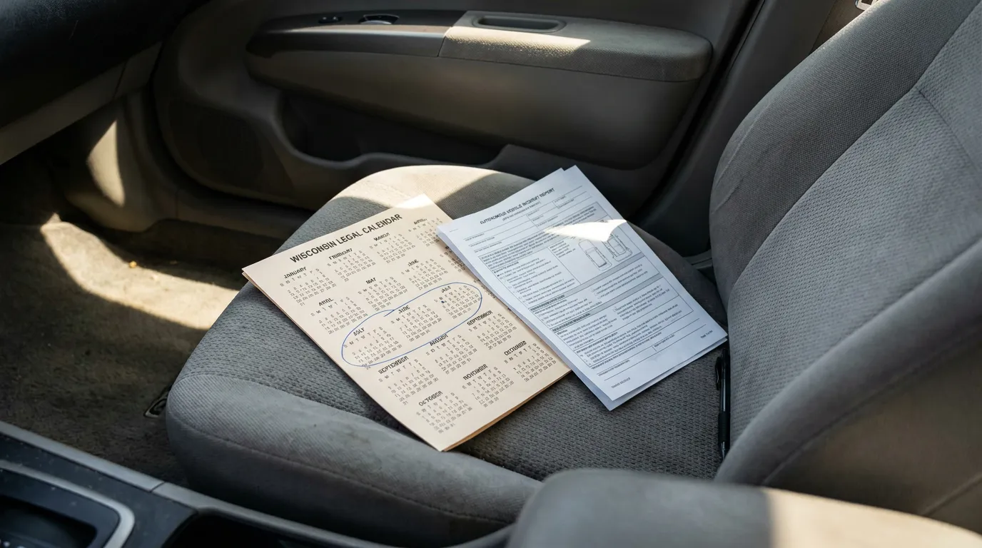 Wisconsin Legal Calendar Self-Driving Car Claim Deadline Madison Wisconsin Legal Calendar and vehicle incident report on car seat with pen