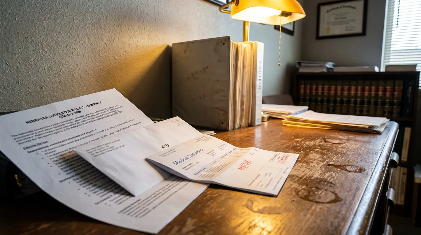 Nebraska LB935 Court Cost Documents Personal Injury Claim Nebraska Legislative Bill summary and past due medical statement on law office desk