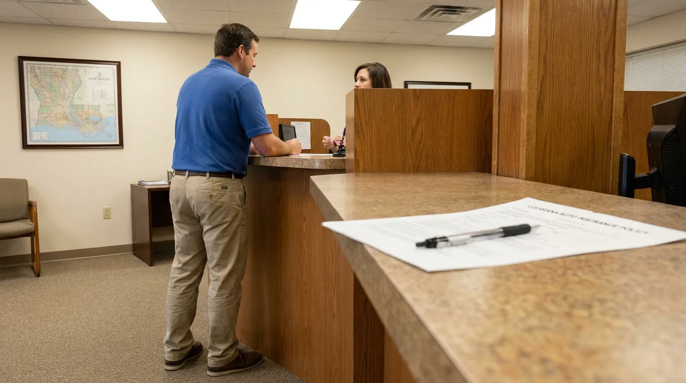 Metairie Driver Filing Louisiana Auto Insurance Claim man speaking with receptionist at office counter with Louisiana auto insurance policy document