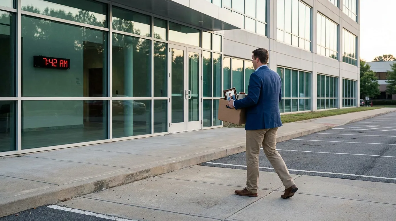 Employee Leaving Office After Workplace Retaliation Redondo Beach man in blazer carrying cardboard box of belongings outside office building at 7:42 AM