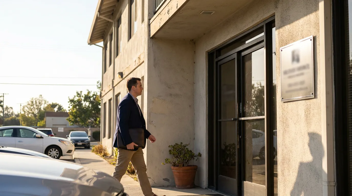 Attorney Entering Redondo Beach Law Office for Harassment Case professional in blazer carrying folder walking toward office building entrance with mounted plaque
