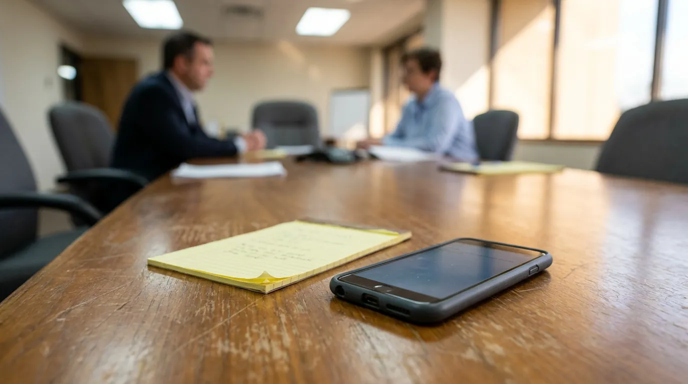 Phone Recording Coworkers in Redondo Beach Workplace Meeting legal notepad and smartphone on conference table during attorney client meeting