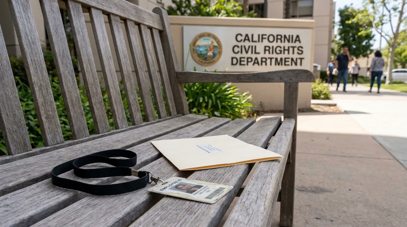 California Civil Rights Department Retaliation Claim Employee ID employee ID badge and envelope on bench outside California Civil Rights Department