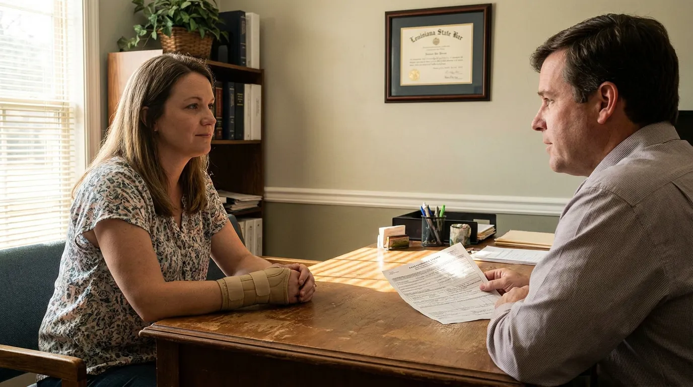 Injured Passenger Meeting With Mandeville Car Accident Attorney injured woman with wrist brace meeting attorney beneath Louisiana State Bar certificate