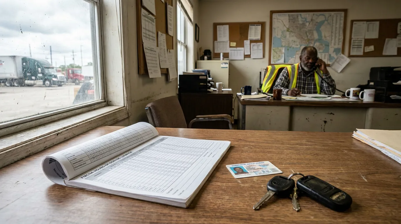 FMCSA Driver Log Book New Orleans Trucking Office FMCSA hours of service logbook, commercial driver license, and keys on dispatch desk