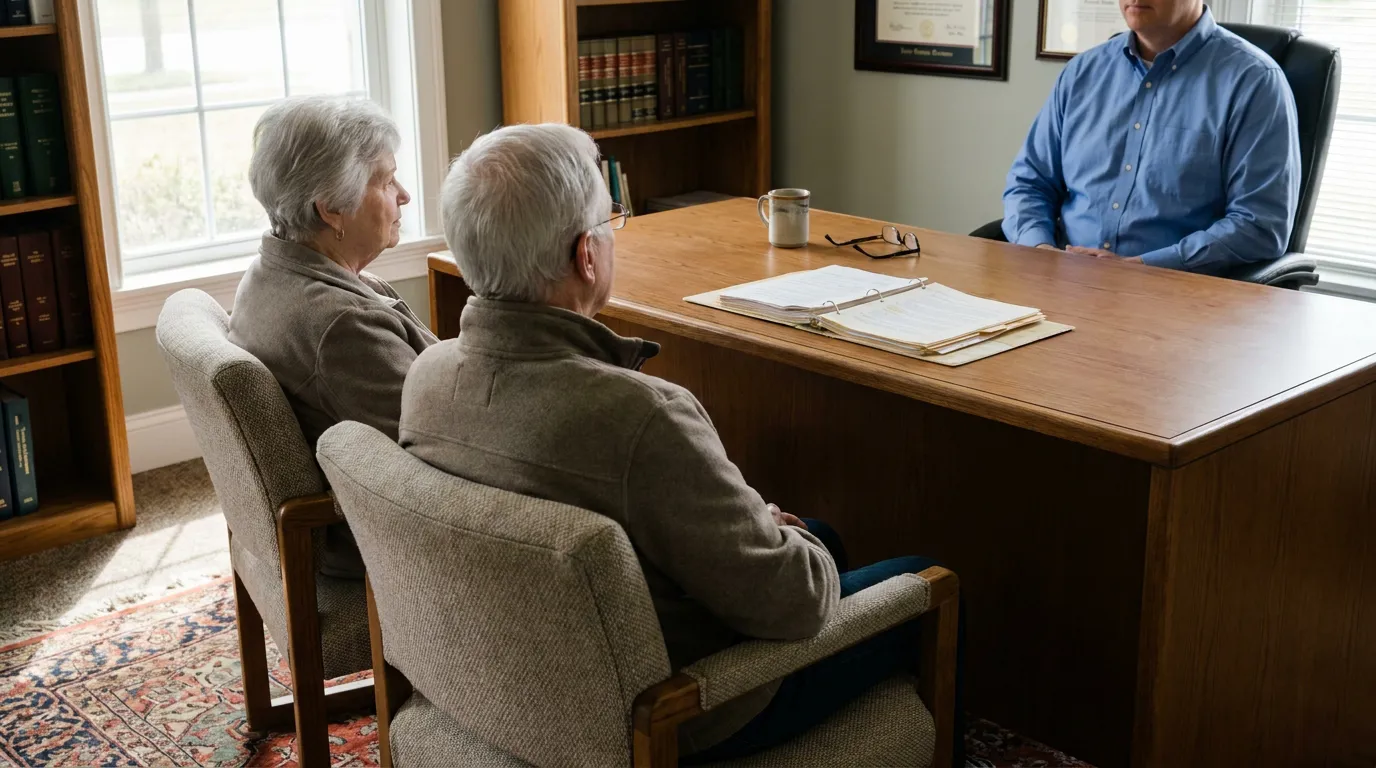 Ohio Estate Planning Attorney Meeting With Elderly Couple two elderly clients seated across desk from attorney during office consultation
