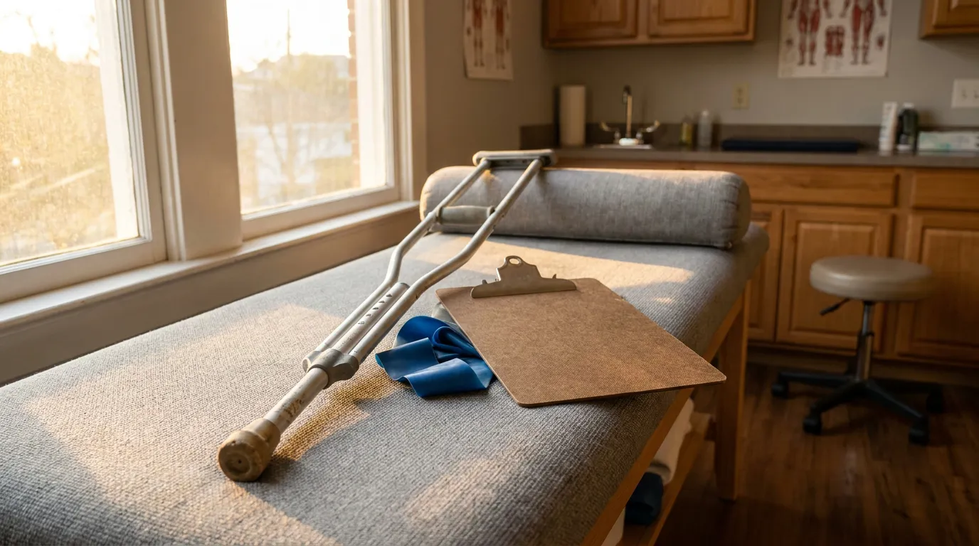 Crutches and Clipboard in New Orleans Catastrophic Injury Clinic crutch, resistance band, and clipboard resting on medical examination table