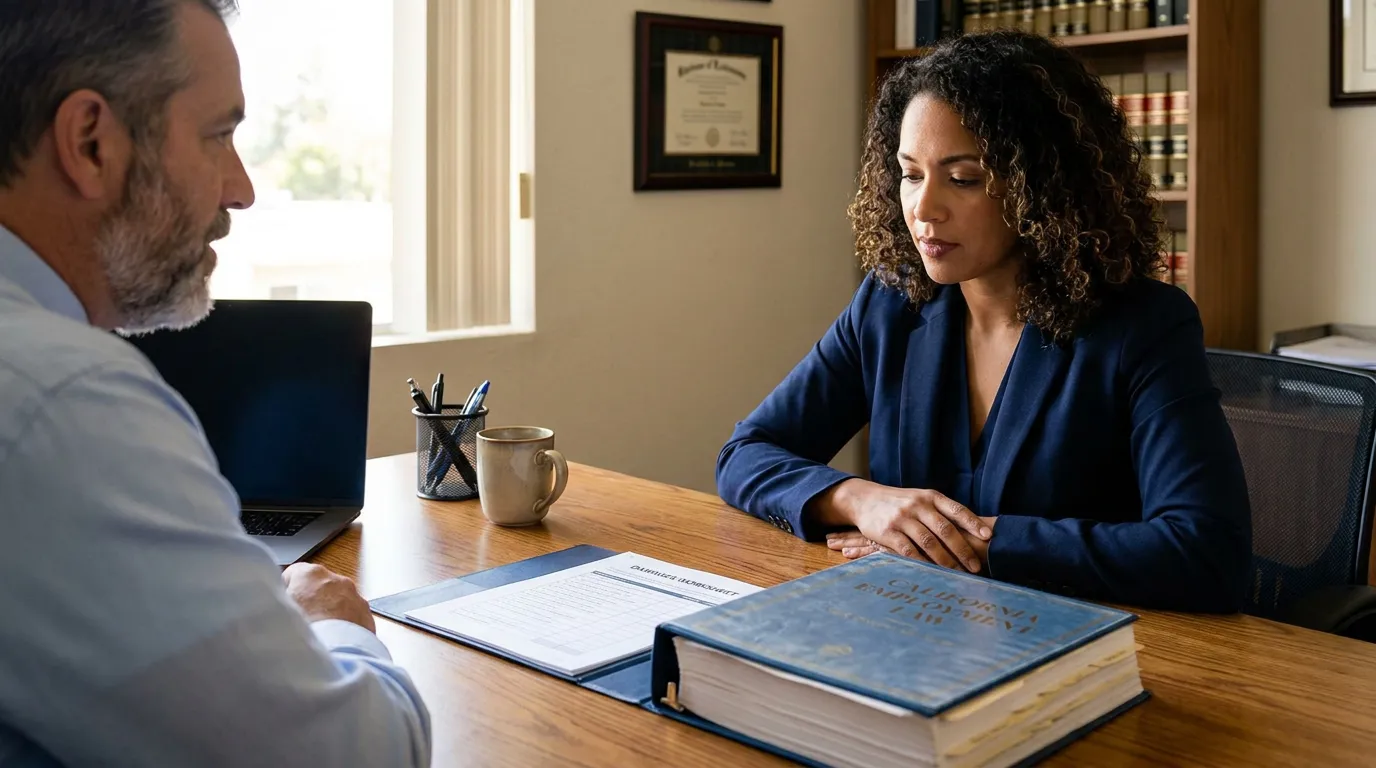 Torrance Employee Consulting Workplace Discrimination Lawyer California attorney meeting client with California Employment Law book on desk