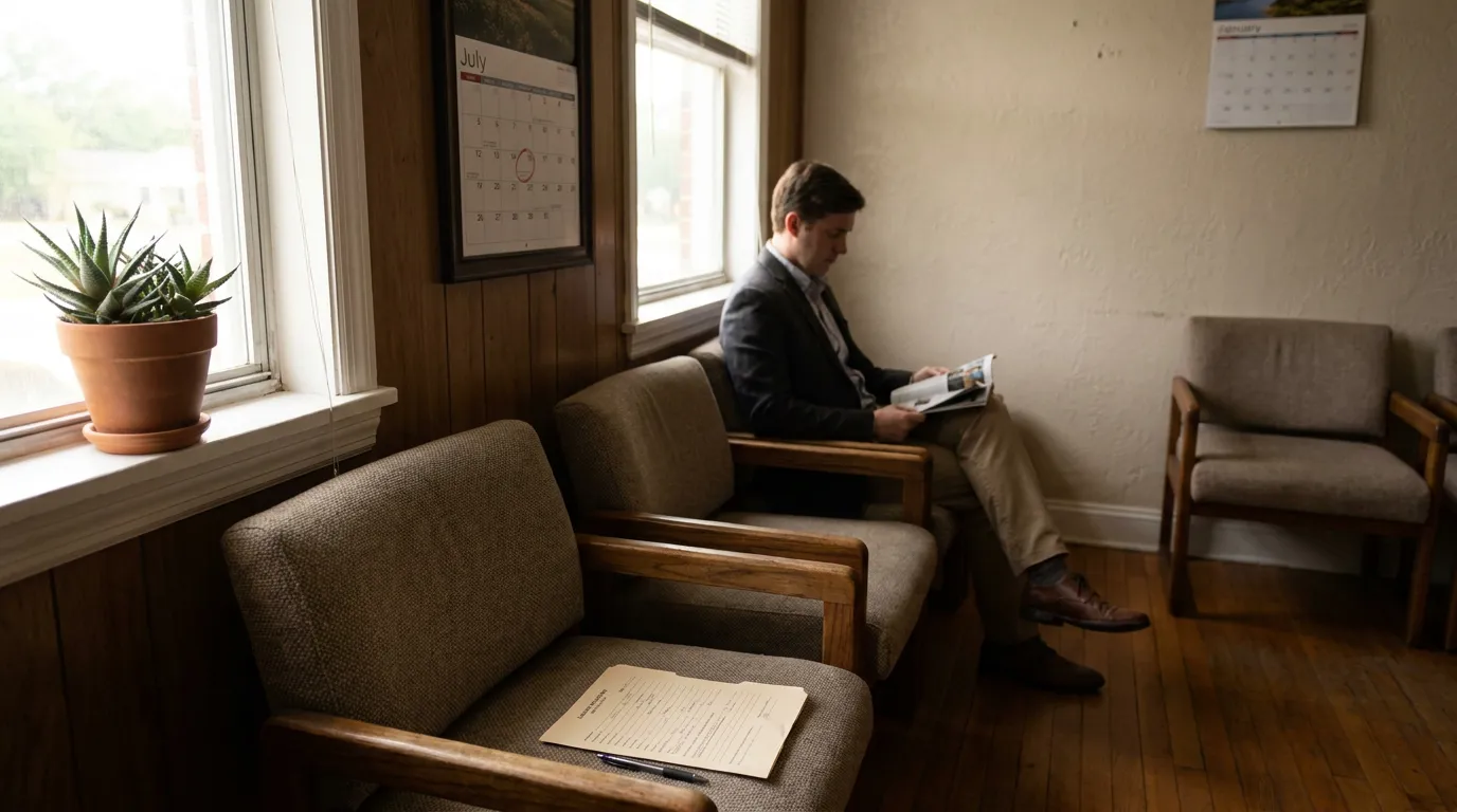 Panama City Injury Claim Filing Deadline Florida Attorney Waiting Room man in blazer reading magazine in waiting room with July calendar and legal documents on chair