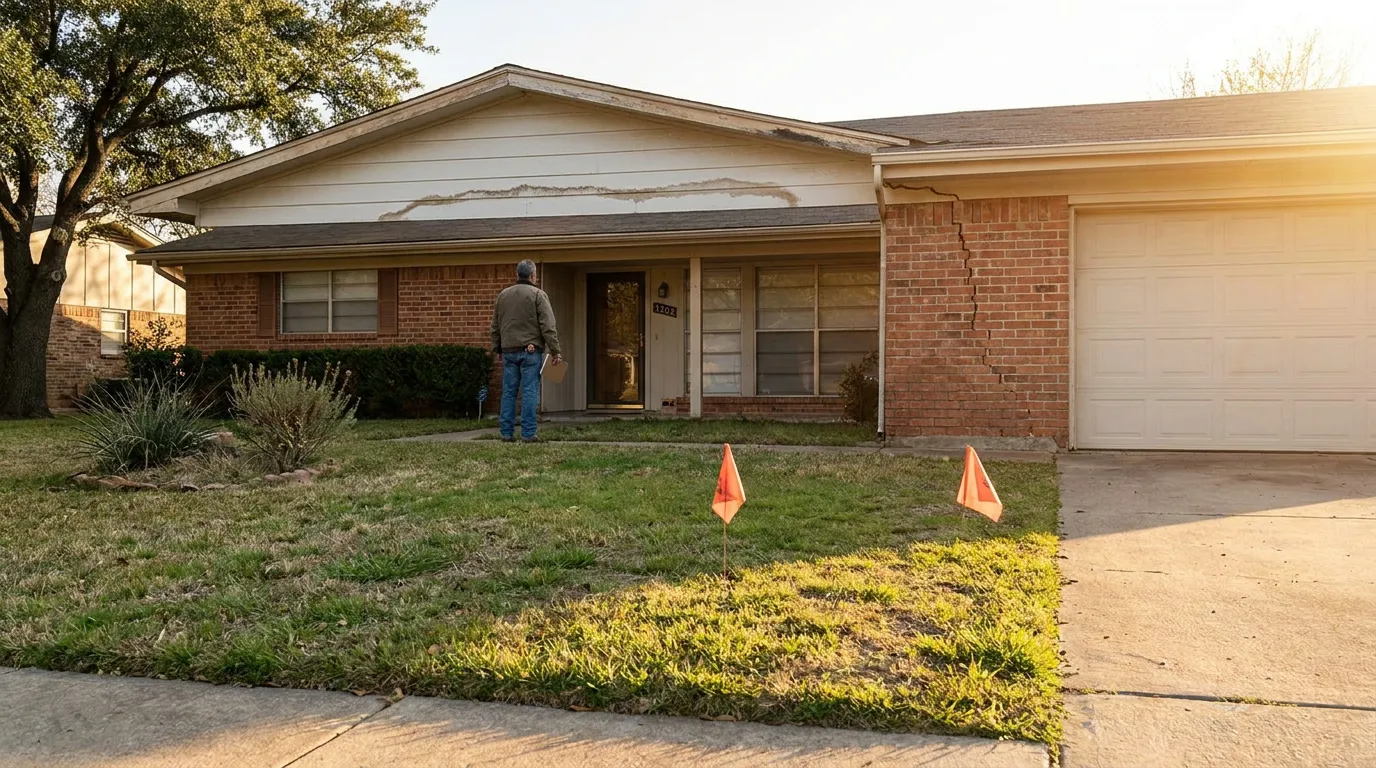 Houston Home Inspector Assessing Structural Damage for Insurance Claim inspector examining brick home exterior with visible structural cracks and warning flags