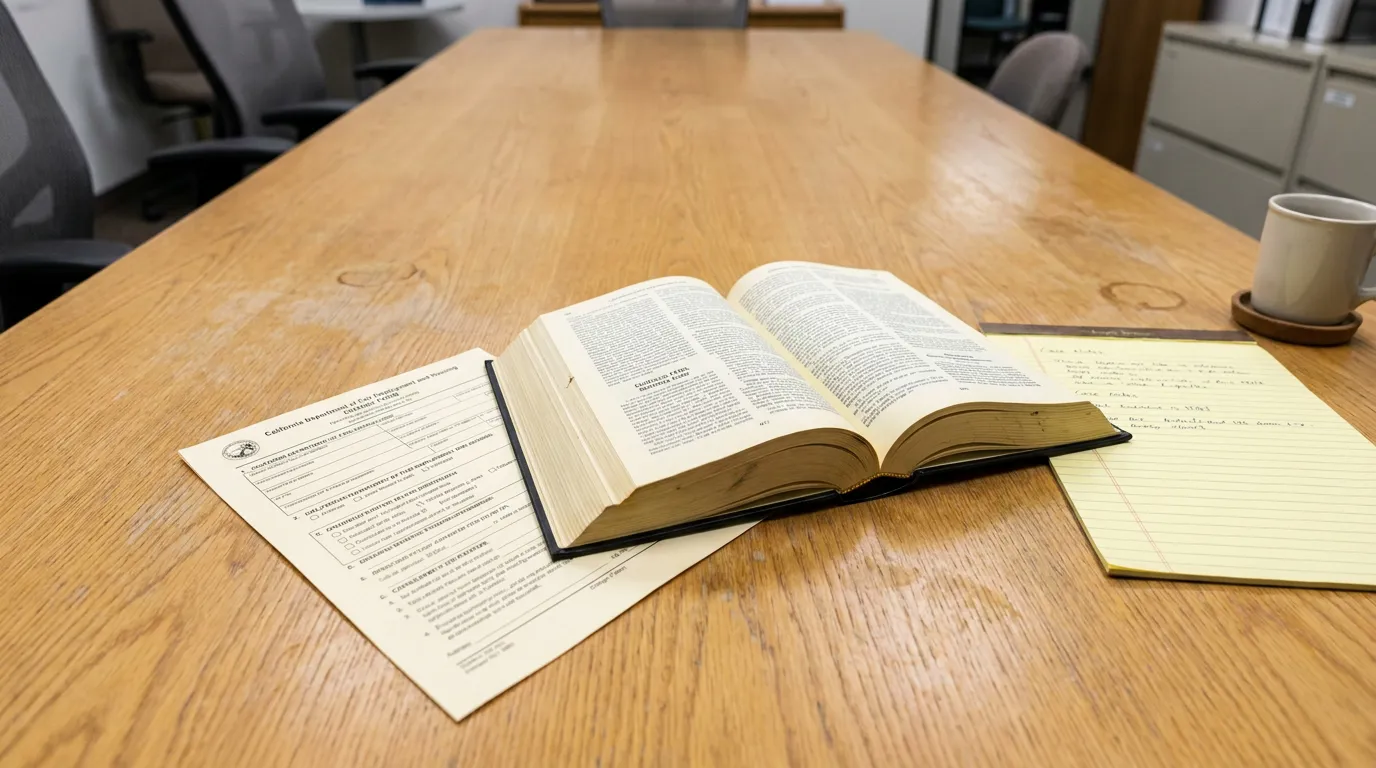 California FEHA Harassment Claim Legal Documents Redondo Beach Open legal reference book atop California Department form and handwritten notes on conference table