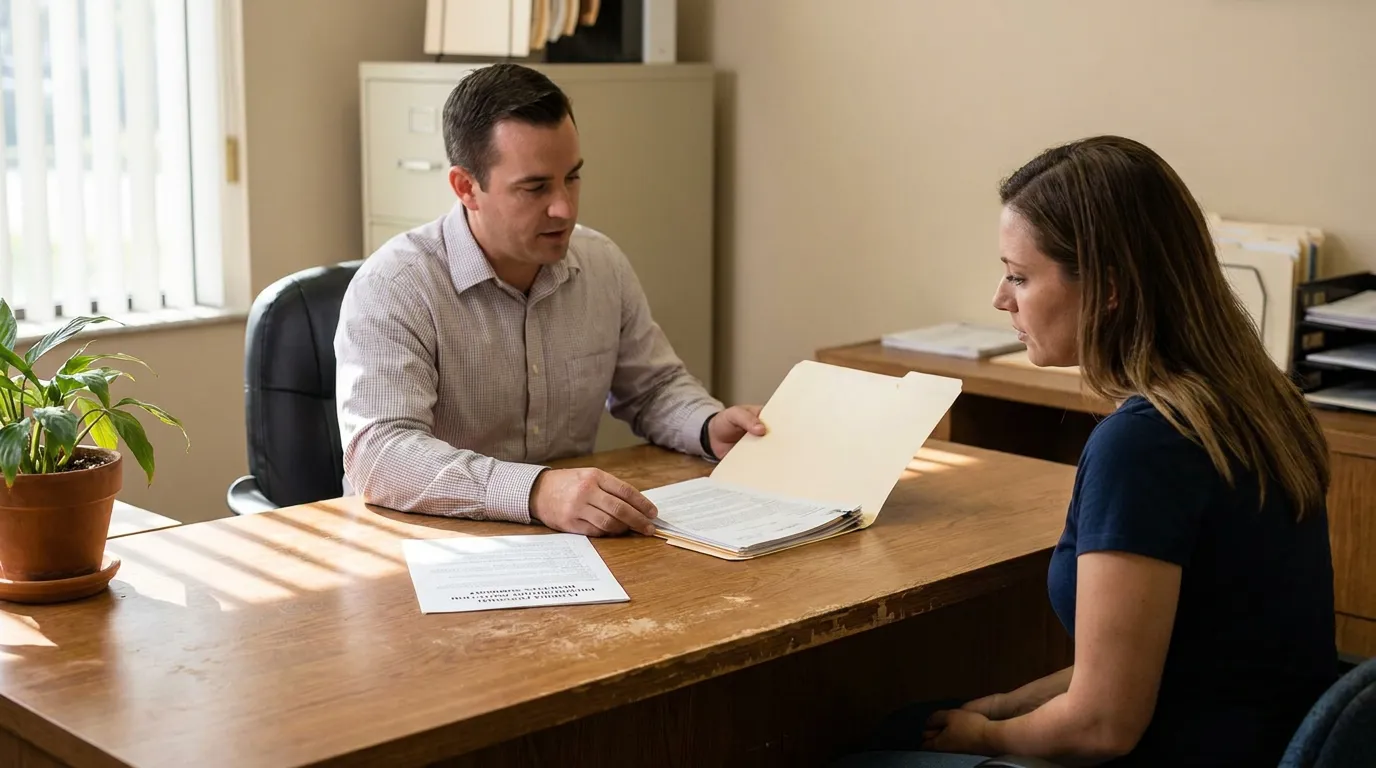 Ft Lauderdale Car Accident Attorney Reviewing No Fault Claim attorney presenting open manila folder with documents to seated client across desk